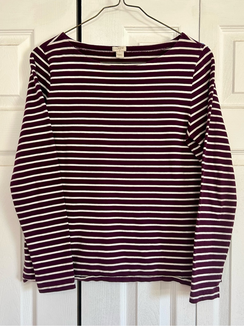 J. Crew Plum and White Striped Boatneck Long-Sleeve Top